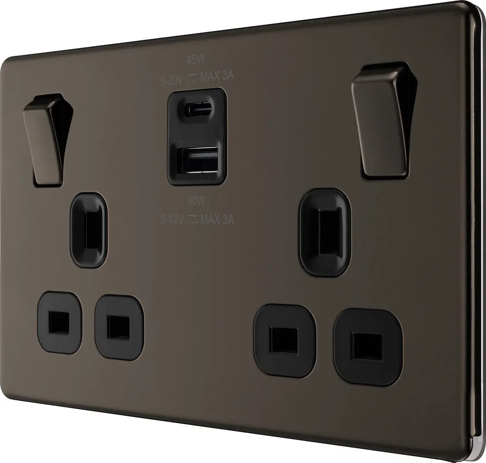 BG FBN22UAC45B Flatplate Screwless 13A Double Switched Power Socket   USB A C (45W) - Black Nickel   Black Insert