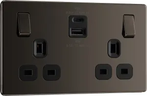 BG FBN22UAC45B Flatplate Screwless 13A Double Switched Power Socket   USB A C (45W) - Black Nickel   Black Insert