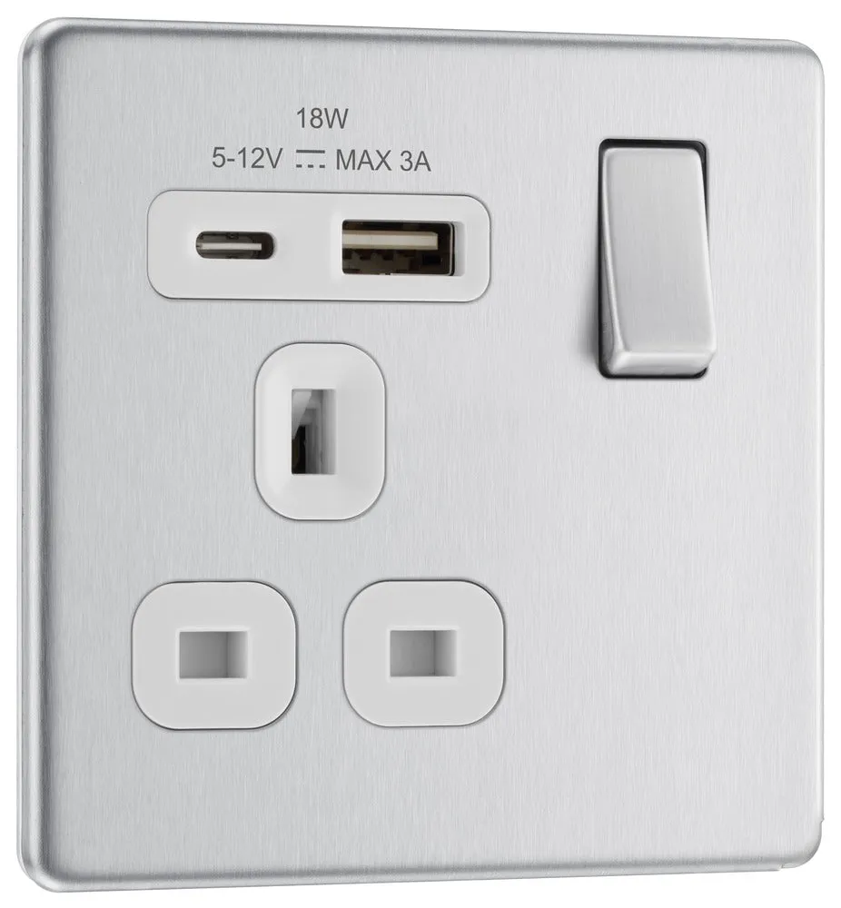 BG FBS21UAC18W Flatplate Screwless 13A Single Switched Power Socket   USB A C (18W) - Brushed Steel   White Insert