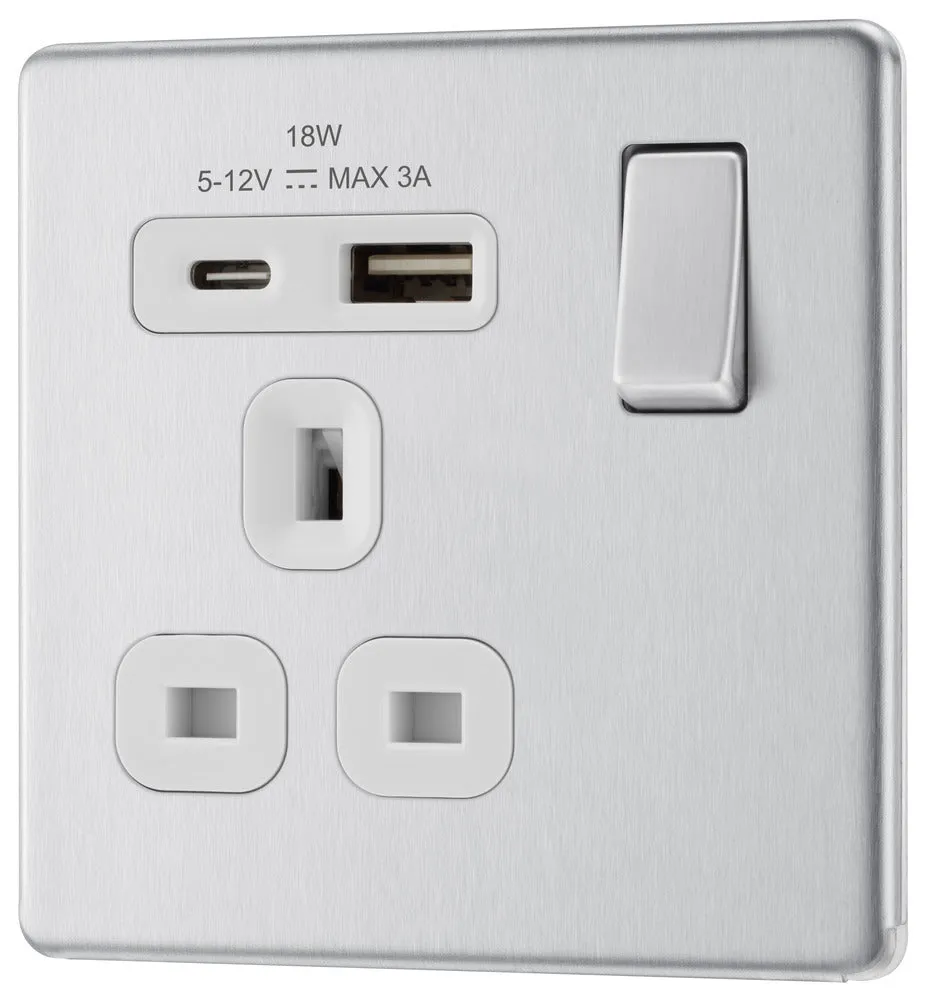 BG FBS21UAC18W Flatplate Screwless 13A Single Switched Power Socket   USB A C (18W) - Brushed Steel   White Insert
