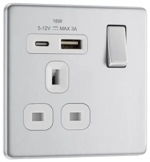 BG FBS21UAC18W Flatplate Screwless 13A Single Switched Power Socket   USB A C (18W) - Brushed Steel   White Insert