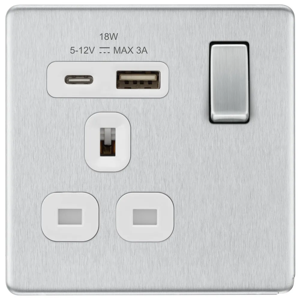 BG FBS21UAC18W Flatplate Screwless 13A Single Switched Power Socket   USB A C (18W) - Brushed Steel   White Insert