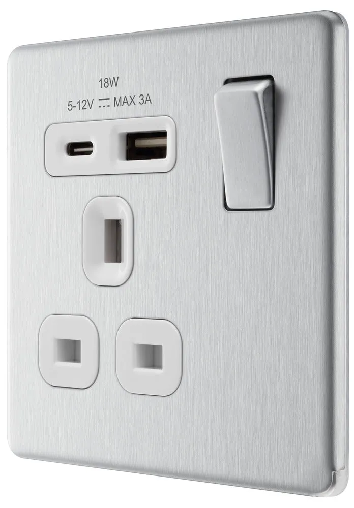 BG FBS21UAC18W Flatplate Screwless 13A Single Switched Power Socket   USB A C (18W) - Brushed Steel   White Insert