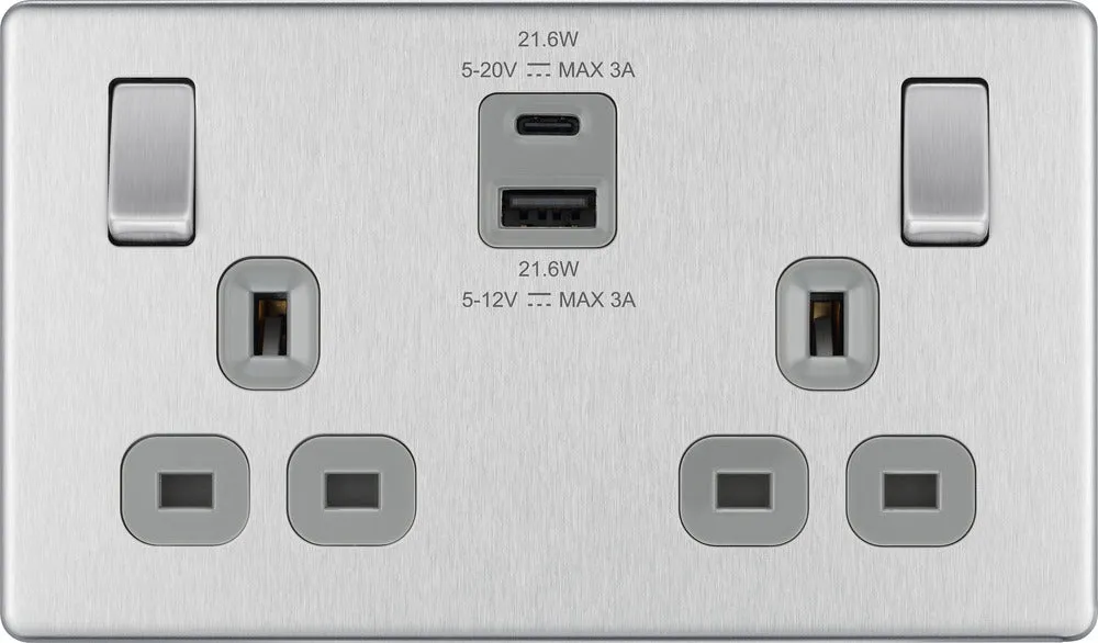 BG FBS22UAC22G Flatplate Screwless 13A Double Switched Power Socket   USB A C (22W) - Brushed Steel   Grey Insert