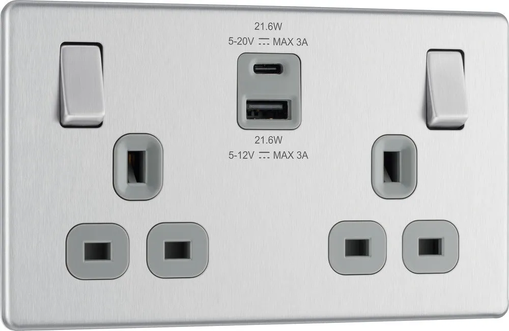 BG FBS22UAC22G Flatplate Screwless 13A Double Switched Power Socket   USB A C (22W) - Brushed Steel   Grey Insert