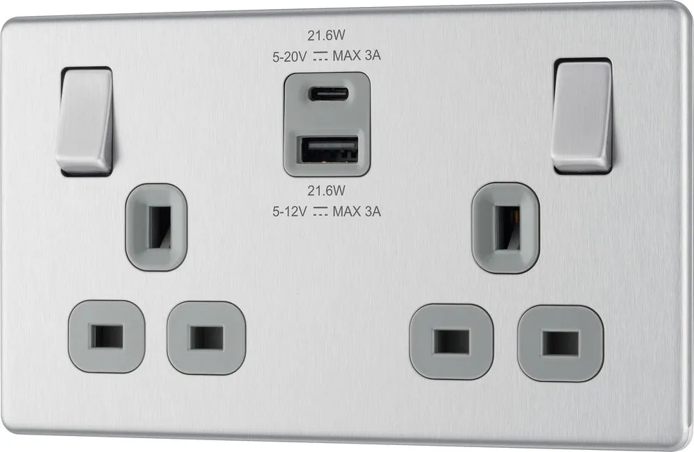 BG FBS22UAC22G Flatplate Screwless 13A Double Switched Power Socket   USB A C (22W) - Brushed Steel   Grey Insert
