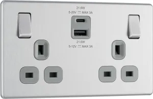 BG FBS22UAC22G Flatplate Screwless 13A Double Switched Power Socket   USB A C (22W) - Brushed Steel   Grey Insert