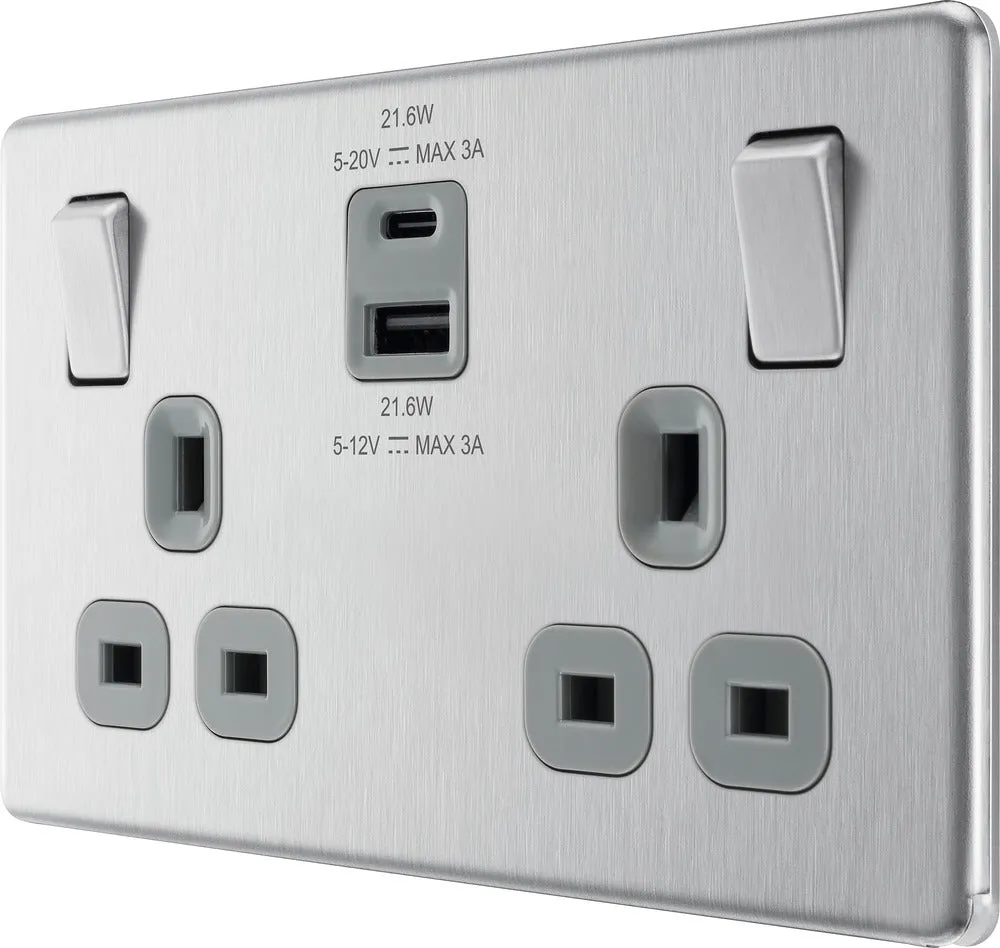BG FBS22UAC22G Flatplate Screwless 13A Double Switched Power Socket   USB A C (22W) - Brushed Steel   Grey Insert