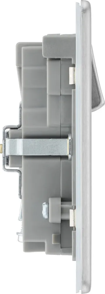 BG FBS22UAC22G Flatplate Screwless 13A Double Switched Power Socket   USB A C (22W) - Brushed Steel   Grey Insert