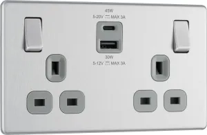 BG FBS22UAC45G Flatplate Screwless 13A Double Switched Power Socket   USB A C (45W) - Brushed Steel   Grey Insert