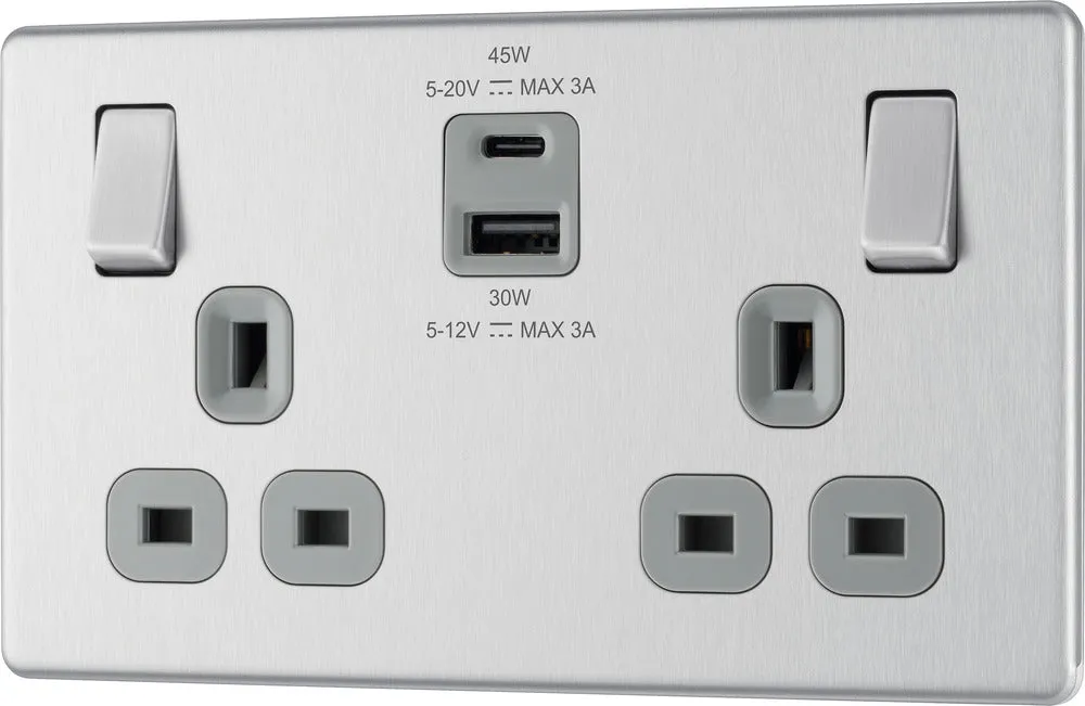 BG FBS22UAC45G Flatplate Screwless 13A Double Switched Power Socket   USB A C (45W) - Brushed Steel   Grey Insert