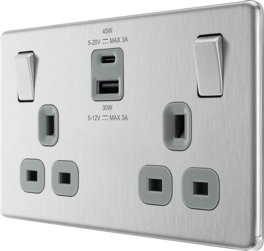 BG FBS22UAC45G Flatplate Screwless 13A Double Switched Power Socket   USB A C (45W) - Brushed Steel   Grey Insert
