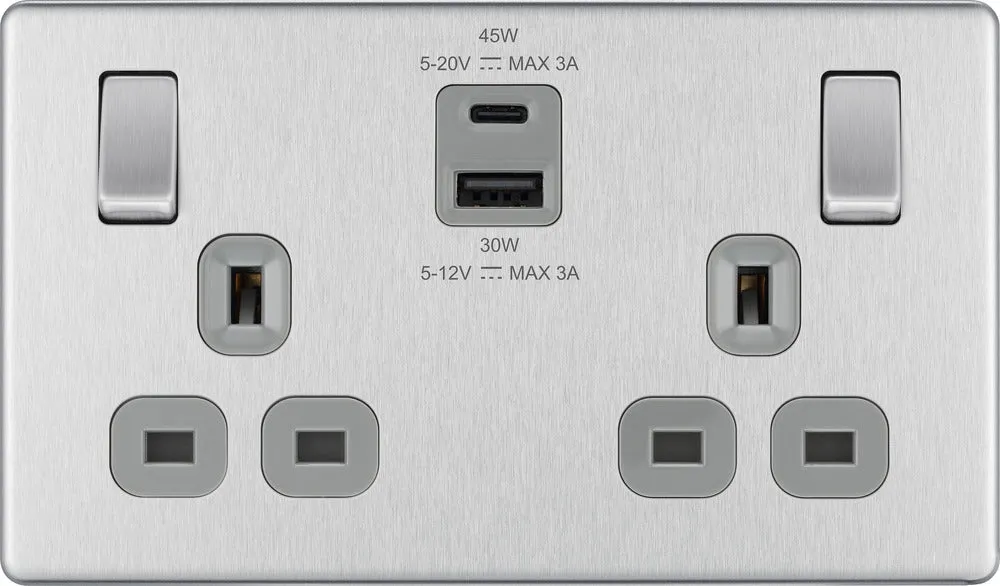BG FBS22UAC45G Flatplate Screwless 13A Double Switched Power Socket   USB A C (45W) - Brushed Steel   Grey Insert