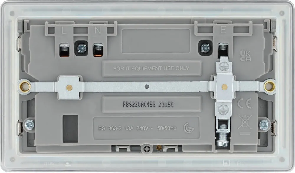 BG FBS22UAC45G Flatplate Screwless 13A Double Switched Power Socket   USB A C (45W) - Brushed Steel   Grey Insert