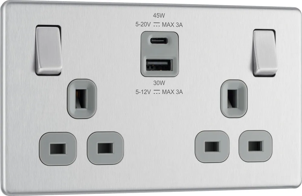 BG FBS22UAC45G Flatplate Screwless 13A Double Switched Power Socket   USB A C (45W) - Brushed Steel   Grey Insert