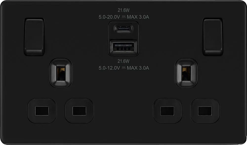 BG FFB22UAC22B Flatplate Screwless 13A Double Switched Power Socket   USB A C (22W) - Matt Black   Black Insert