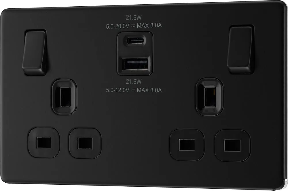 BG FFB22UAC22B Flatplate Screwless 13A Double Switched Power Socket   USB A C (22W) - Matt Black   Black Insert