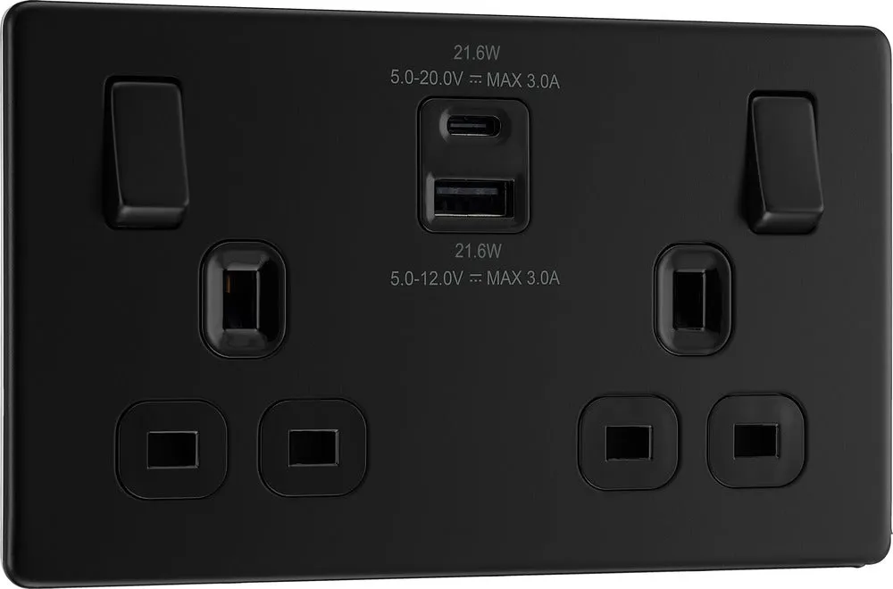 BG FFB22UAC22B Flatplate Screwless 13A Double Switched Power Socket   USB A C (22W) - Matt Black   Black Insert