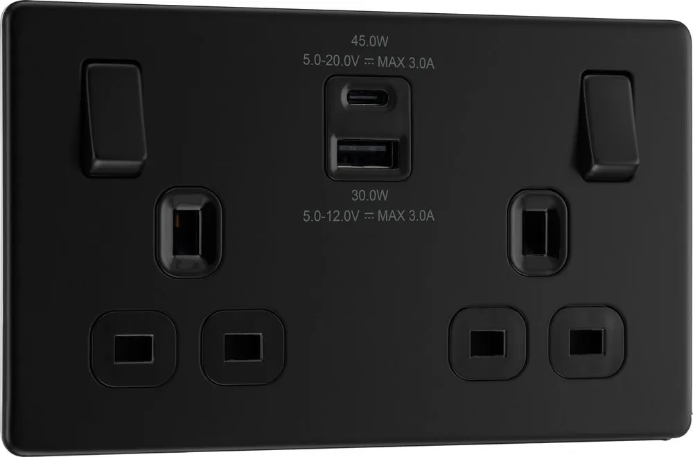 BG FFB22UAC45B Flatplate Screwless Double Socket   2xUSB A C(45W) - Black Insert - Matt Black