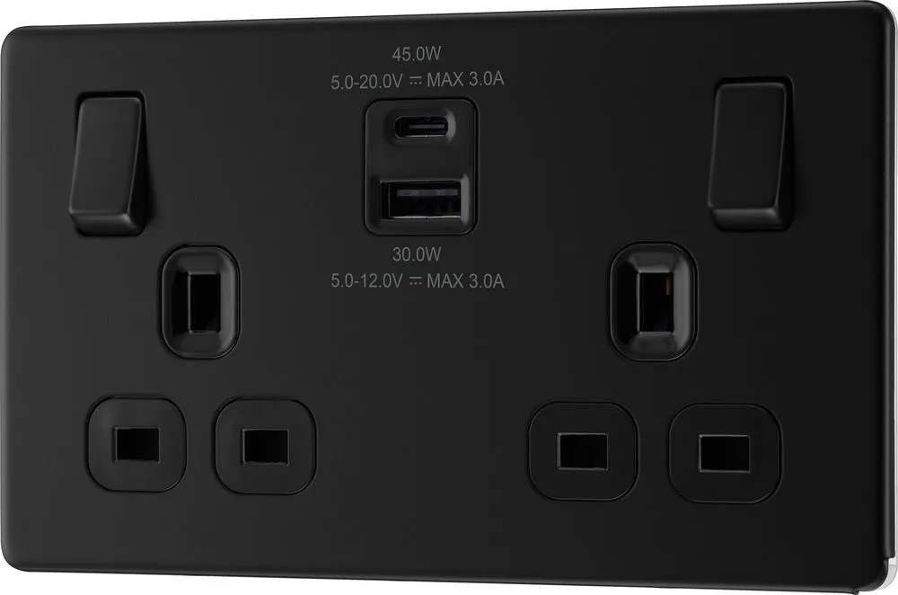 BG FFB22UAC45B Flatplate Screwless Double Socket   2xUSB A C(45W) - Black Insert - Matt Black