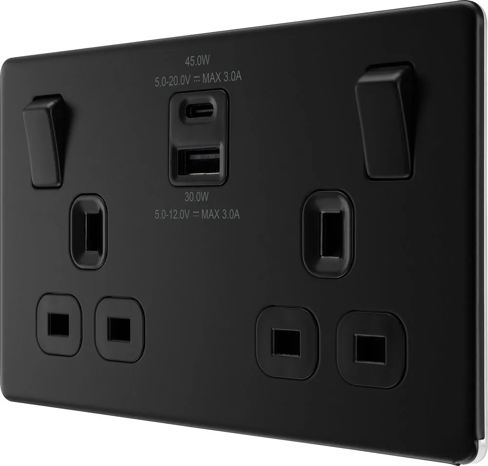 BG FFB22UAC45B Flatplate Screwless Double Socket   2xUSB A C(45W) - Black Insert - Matt Black