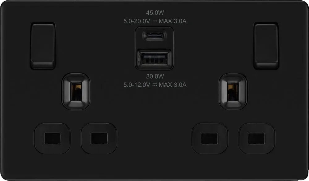 BG FFB22UAC45B Flatplate Screwless Double Socket   2xUSB A C(45W) - Black Insert - Matt Black