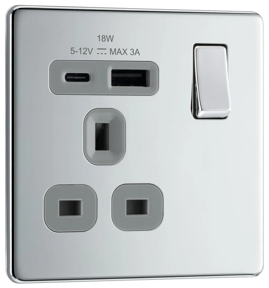 BG FPC21UAC18G Flatplate Screwless 13A Single Switched Power Socket   USB A C (18W) - Polished Chrome   Grey Insert