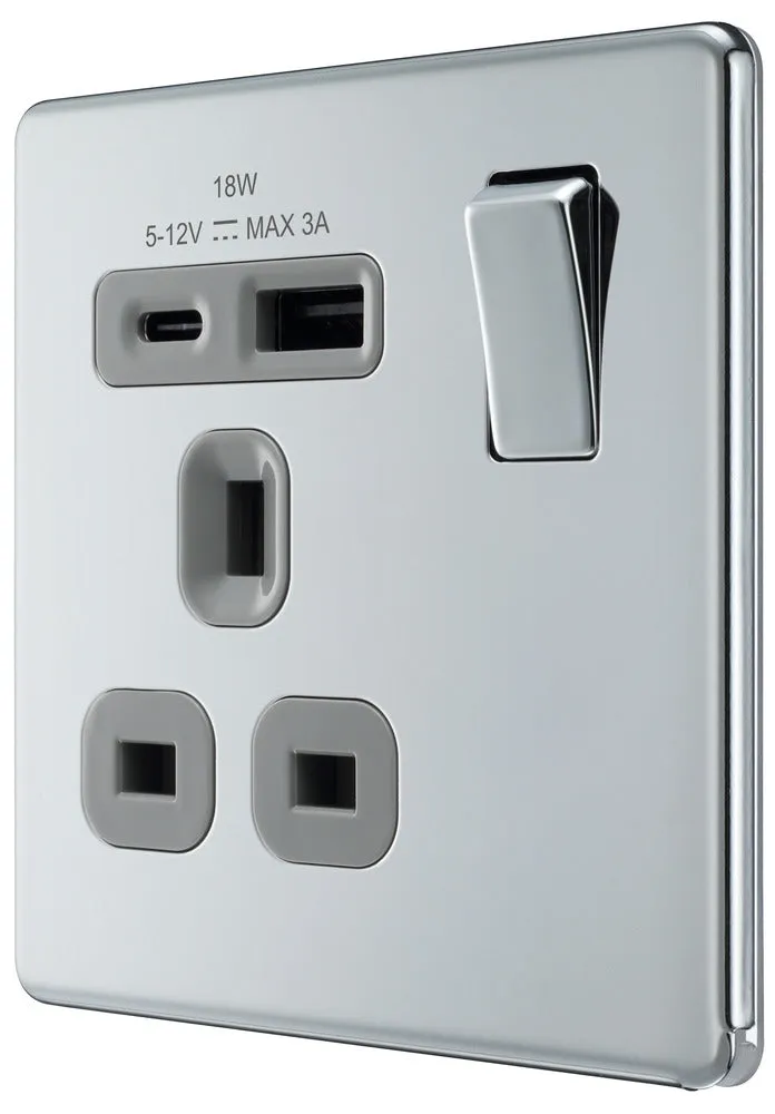 BG FPC21UAC18G Flatplate Screwless 13A Single Switched Power Socket   USB A C (18W) - Polished Chrome   Grey Insert