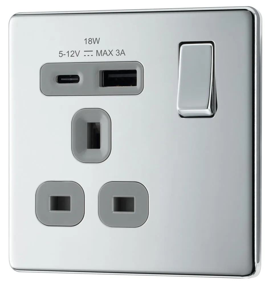 BG FPC21UAC18G Flatplate Screwless 13A Single Switched Power Socket   USB A C (18W) - Polished Chrome   Grey Insert