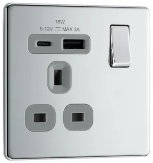 BG FPC21UAC18G Flatplate Screwless 13A Single Switched Power Socket   USB A C (18W) - Polished Chrome   Grey Insert