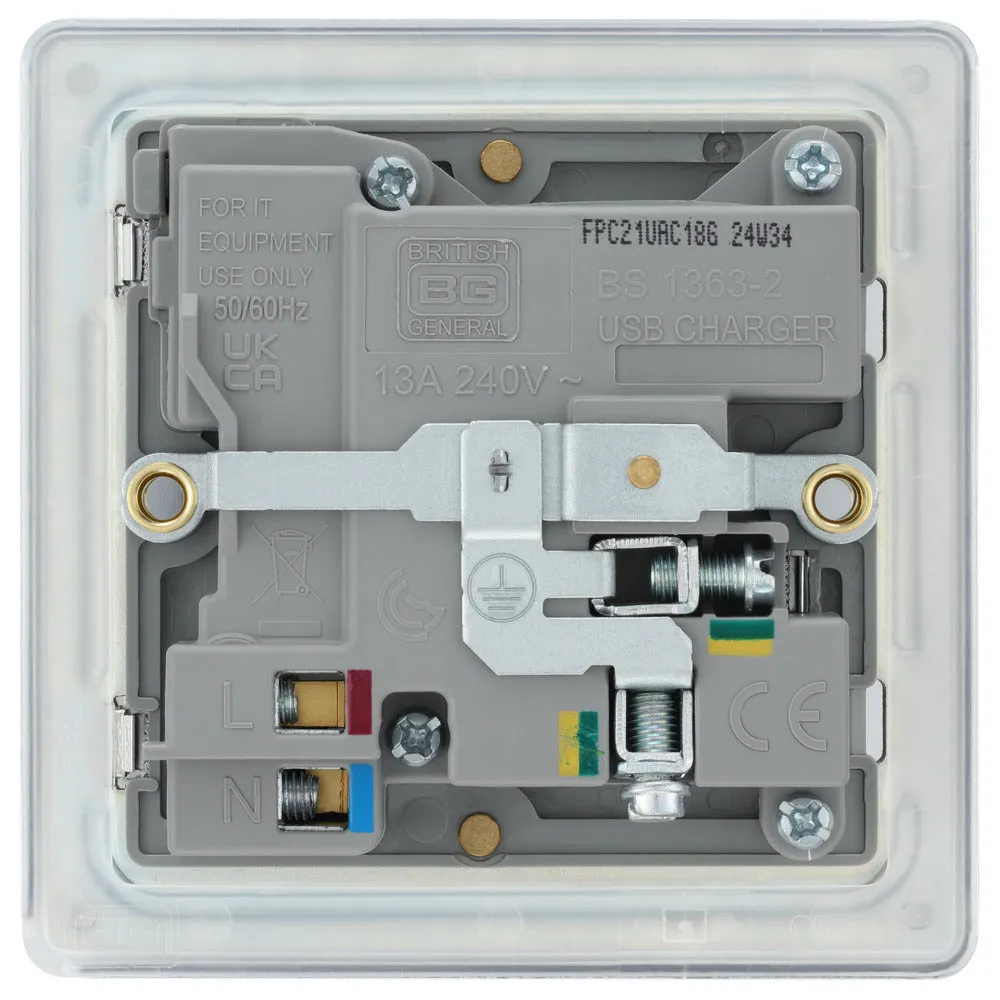 BG FPC21UAC18G Flatplate Screwless 13A Single Switched Power Socket   USB A C (18W) - Polished Chrome   Grey Insert