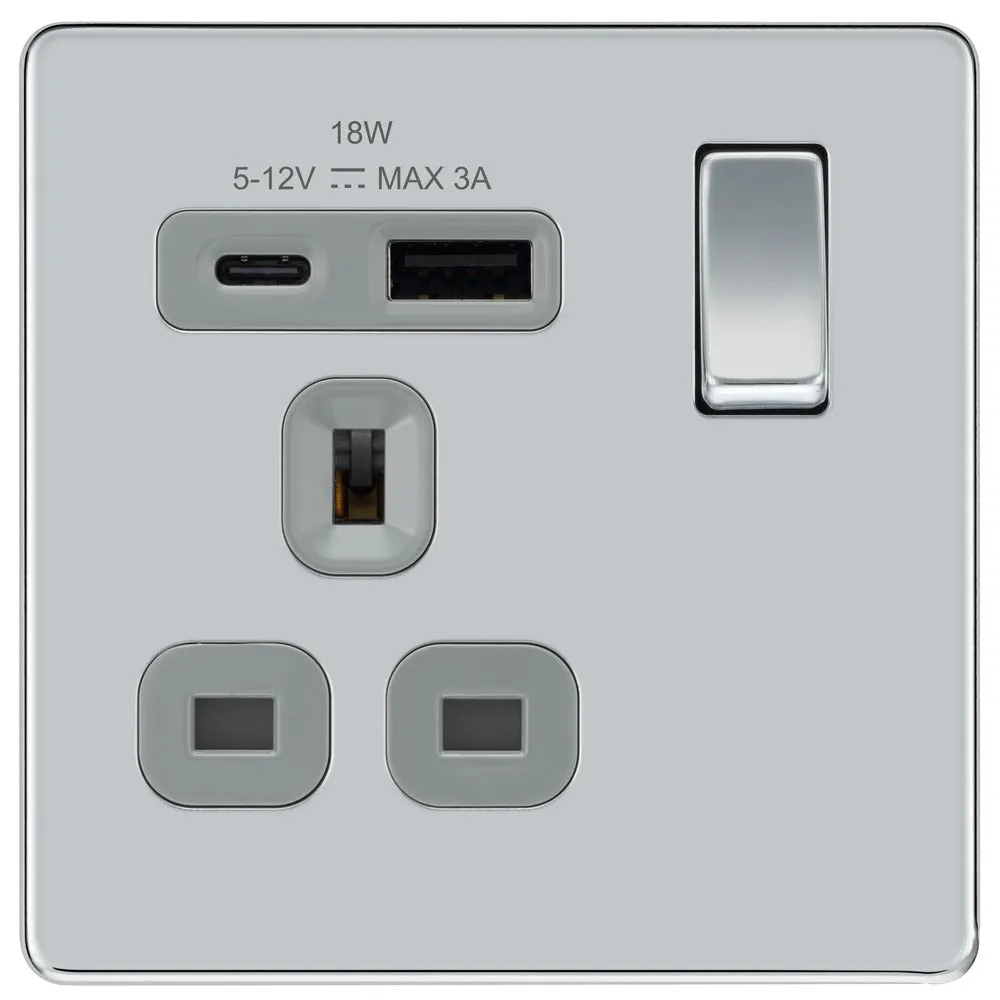BG FPC21UAC18G Flatplate Screwless 13A Single Switched Power Socket   USB A C (18W) - Polished Chrome   Grey Insert
