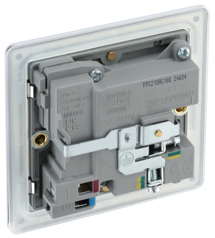 BG FPC21UAC18G Flatplate Screwless 13A Single Switched Power Socket   USB A C (18W) - Polished Chrome   Grey Insert