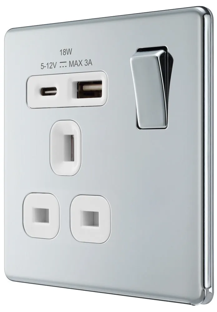 BG FPC21UAC18W Flatplate Screwless 13A Single Switched Power Socket   USB A C (18W) - Polished Chrome   White Insert