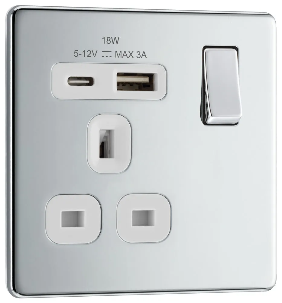 BG FPC21UAC18W Flatplate Screwless 13A Single Switched Power Socket   USB A C (18W) - Polished Chrome   White Insert