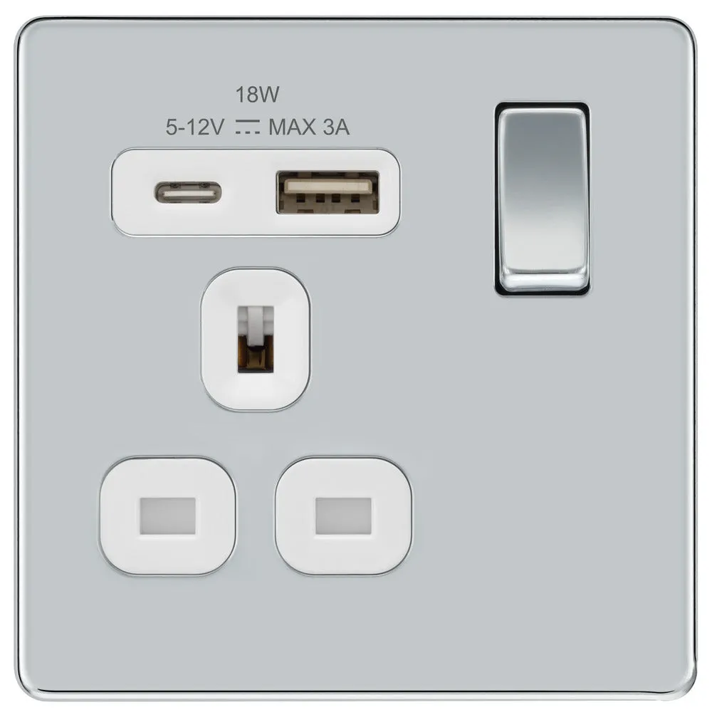 BG FPC21UAC18W Flatplate Screwless 13A Single Switched Power Socket   USB A C (18W) - Polished Chrome   White Insert