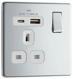 BG FPC21UAC18W Flatplate Screwless 13A Single Switched Power Socket   USB A C (18W) - Polished Chrome   White Insert