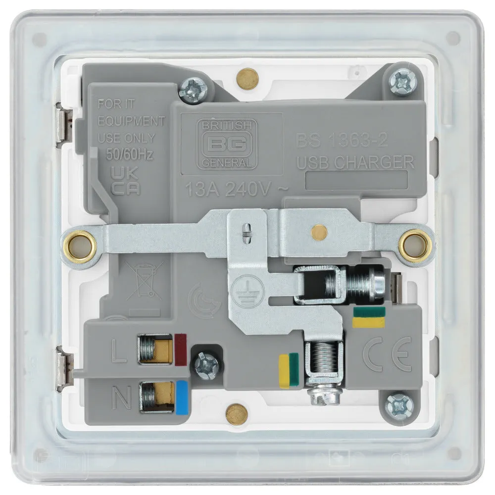 BG FPC21UAC18W Flatplate Screwless 13A Single Switched Power Socket   USB A C (18W) - Polished Chrome   White Insert