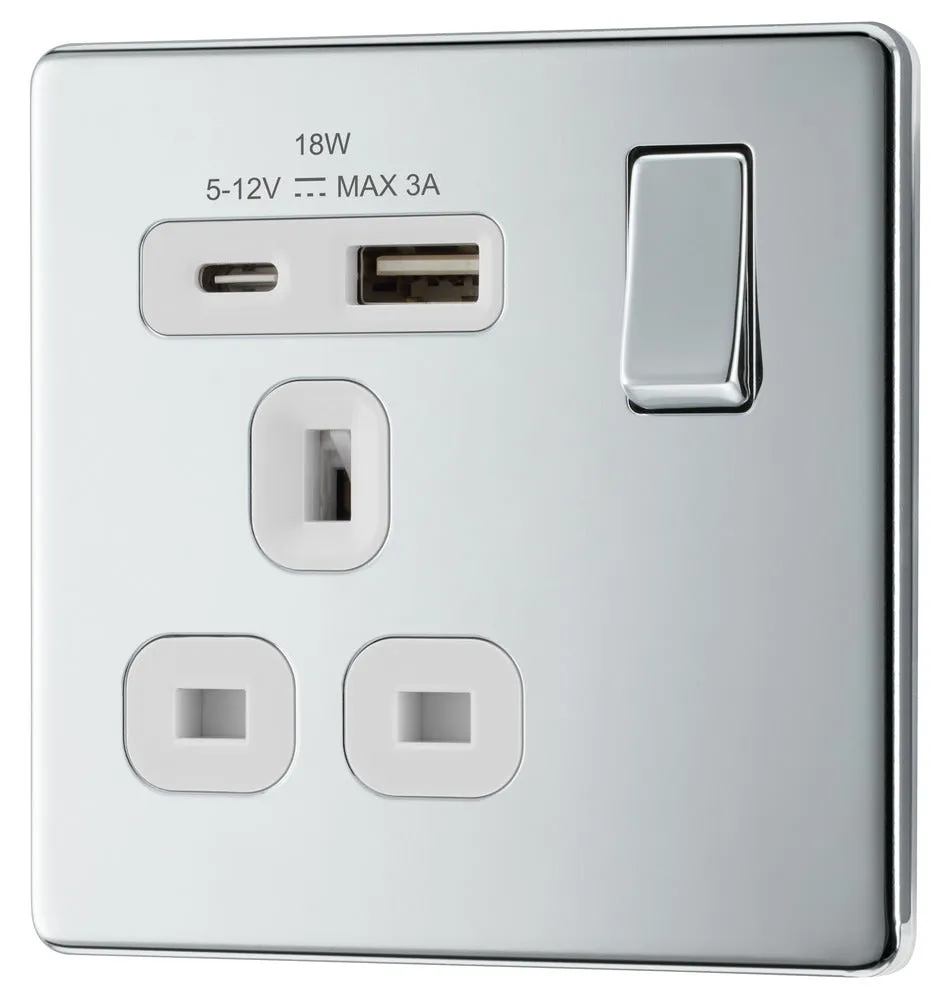 BG FPC21UAC18W Flatplate Screwless 13A Single Switched Power Socket   USB A C (18W) - Polished Chrome   White Insert