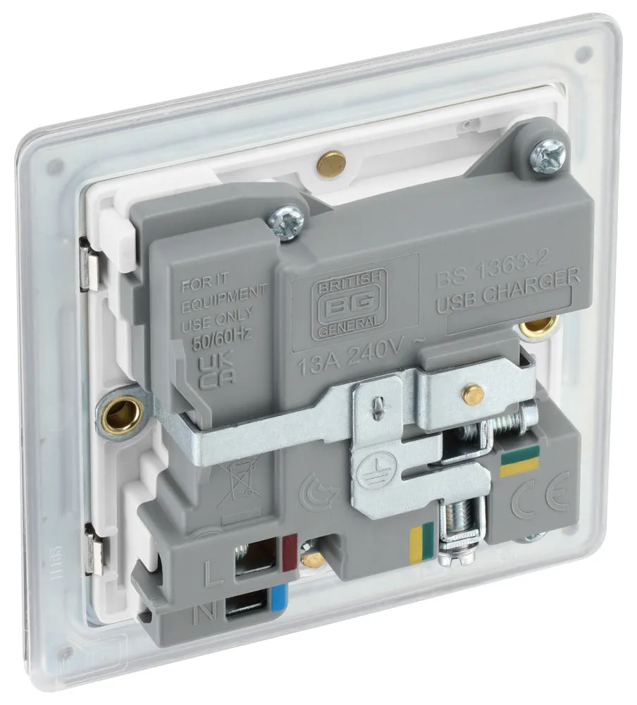 BG FPC21UAC18W Flatplate Screwless 13A Single Switched Power Socket   USB A C (18W) - Polished Chrome   White Insert
