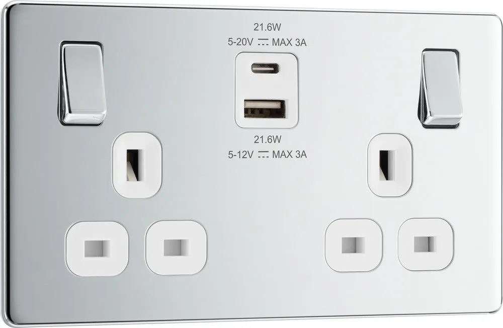 BG FPC22UAC22W Flatplate Screwless 13A Double Switched Power Socket   USB A C (22W) - Polished Chrome   White Insert