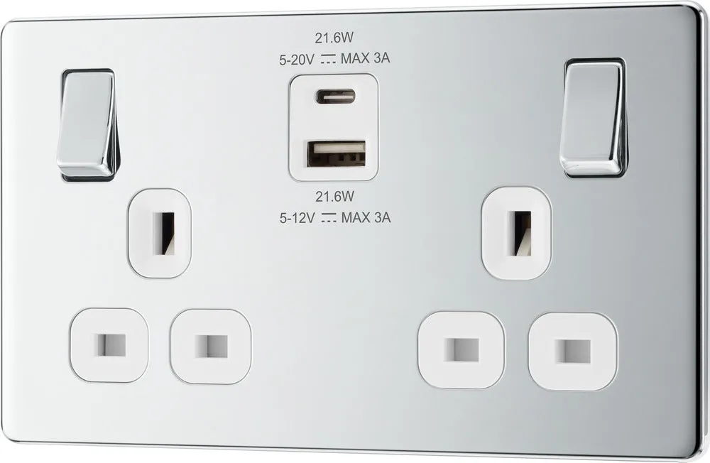 BG FPC22UAC22W Flatplate Screwless 13A Double Switched Power Socket   USB A C (22W) - Polished Chrome   White Insert