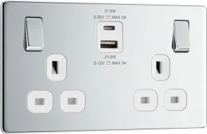 BG FPC22UAC22W Flatplate Screwless 13A Double Switched Power Socket   USB A C (22W) - Polished Chrome   White Insert