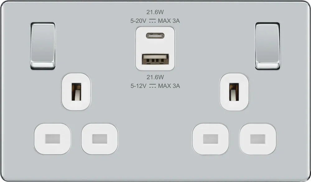 BG FPC22UAC22W Flatplate Screwless 13A Double Switched Power Socket   USB A C (22W) - Polished Chrome   White Insert