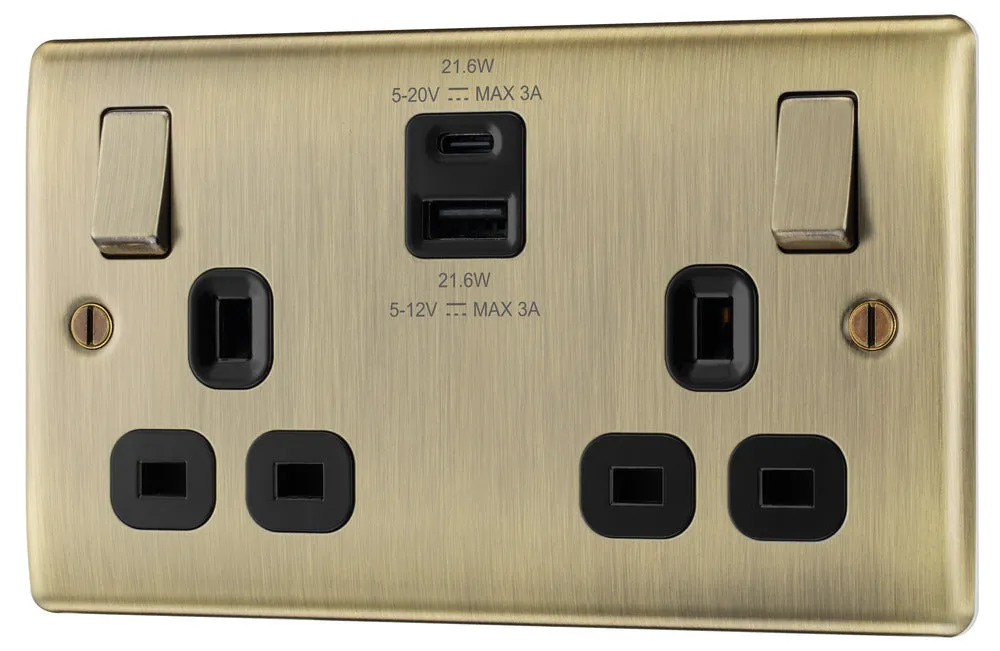BG NAB22UAC22B Nexus Metal 13A Double Switched Power Socket   USB A C (22W) - Antique Brass   Black Insert