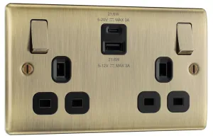 BG NAB22UAC22B Nexus Metal 13A Double Switched Power Socket   USB A C (22W) - Antique Brass   Black Insert