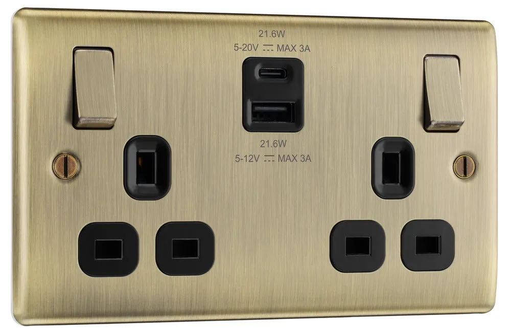 BG NAB22UAC22B Nexus Metal 13A Double Switched Power Socket   USB A C (22W) - Antique Brass   Black Insert