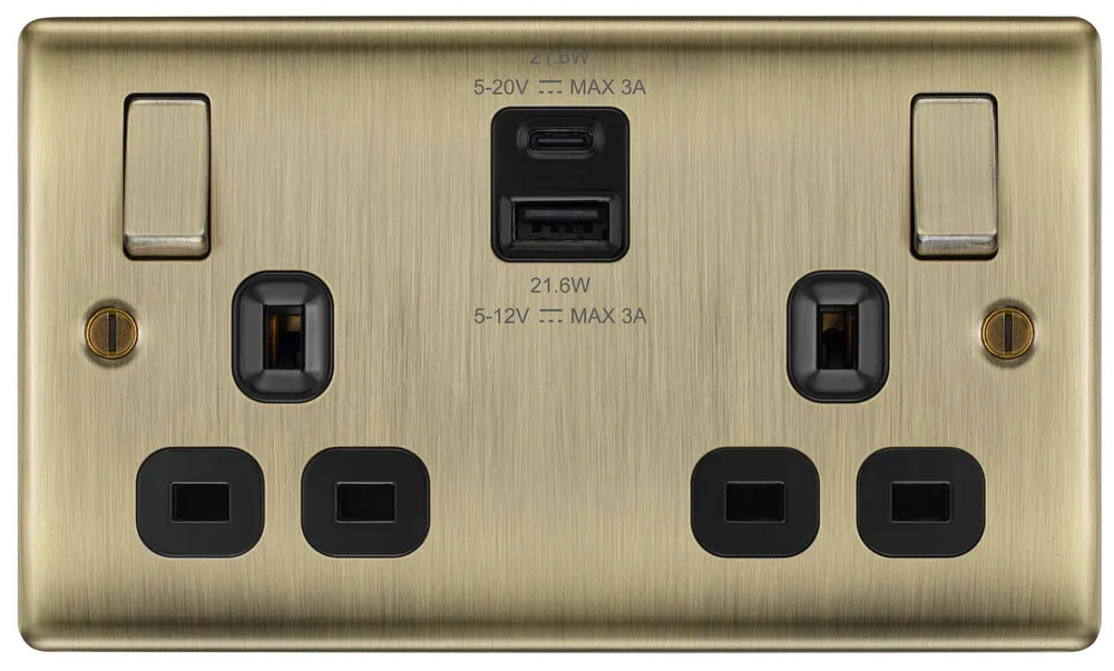 BG NAB22UAC22B Nexus Metal 13A Double Switched Power Socket   USB A C (22W) - Antique Brass   Black Insert