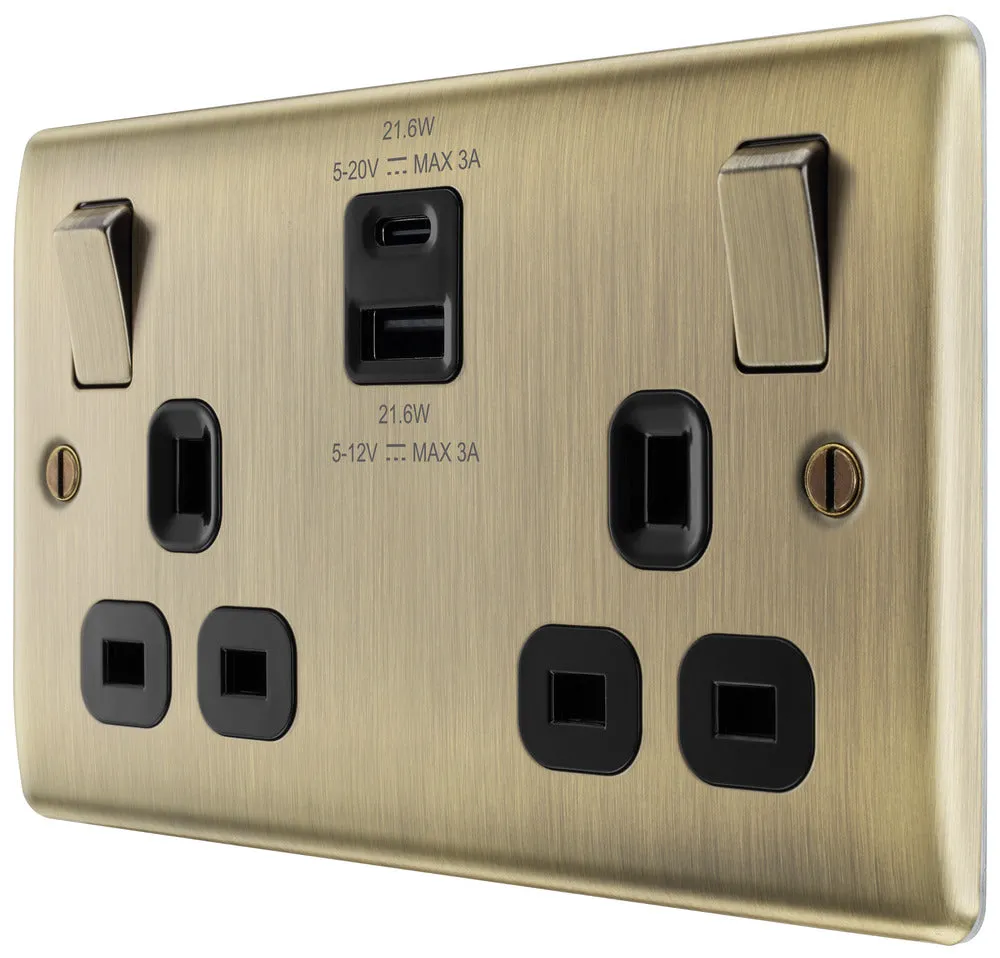 BG NAB22UAC22B Nexus Metal 13A Double Switched Power Socket   USB A C (22W) - Antique Brass   Black Insert