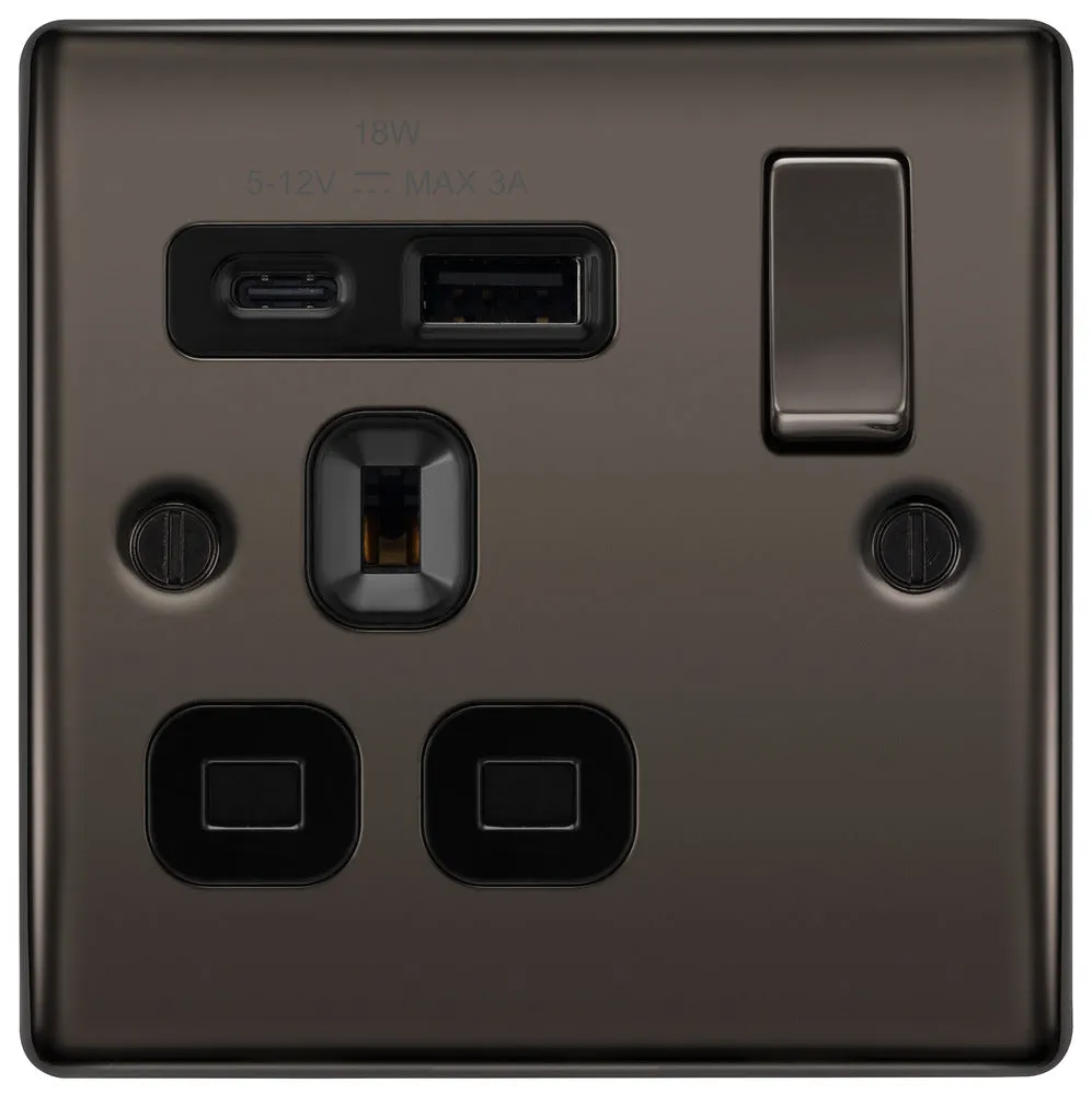 BG NBN21UAC18B Nexus Metal 13A Single Switched Power Socket   USB A C (18W) - Black Nickel   Black Insert